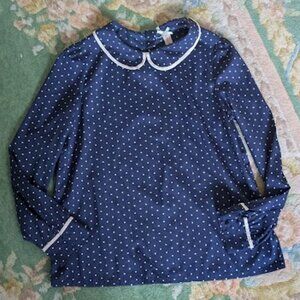 DOWNEAST Women Sz M Shirt Top Blouse Navy Blue Polka Dot Peter Pan Round Collar